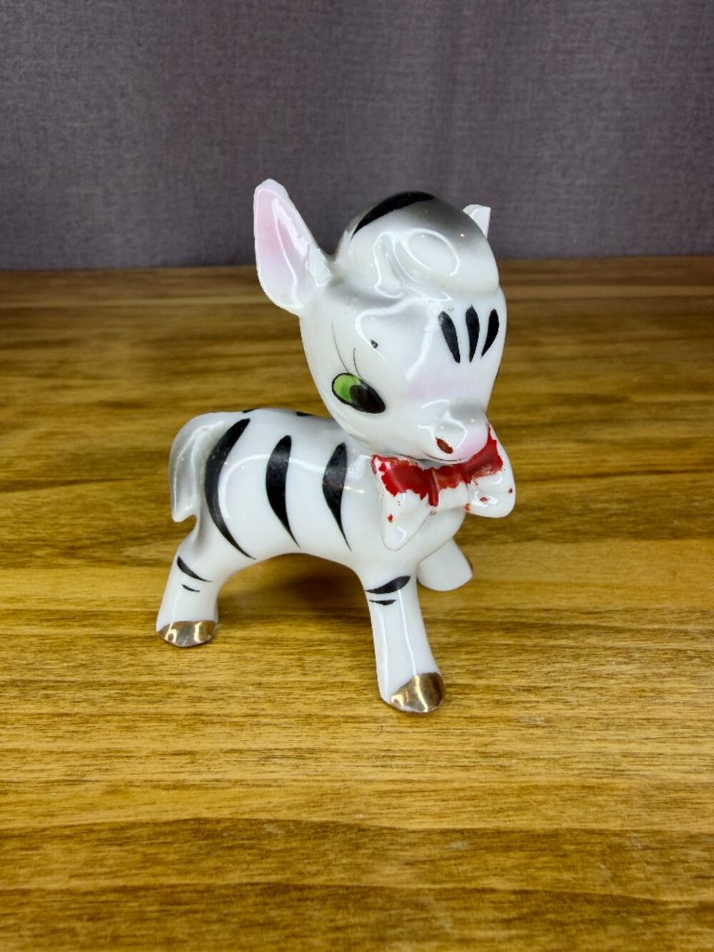Vintage Ceramic Zebra Figurine Hand Painted Red Bow Gold Feet Japan